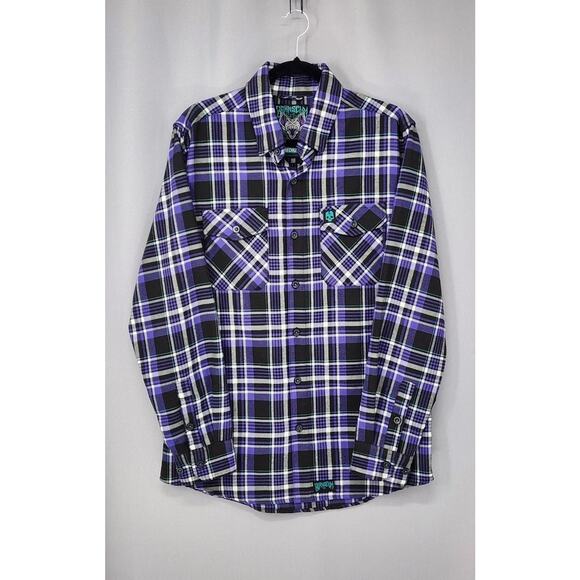 Born Scum Bottom Feeder Shirt Mens Medium Purple Black Plaid Flannel Button Down - Picture 1 of 16